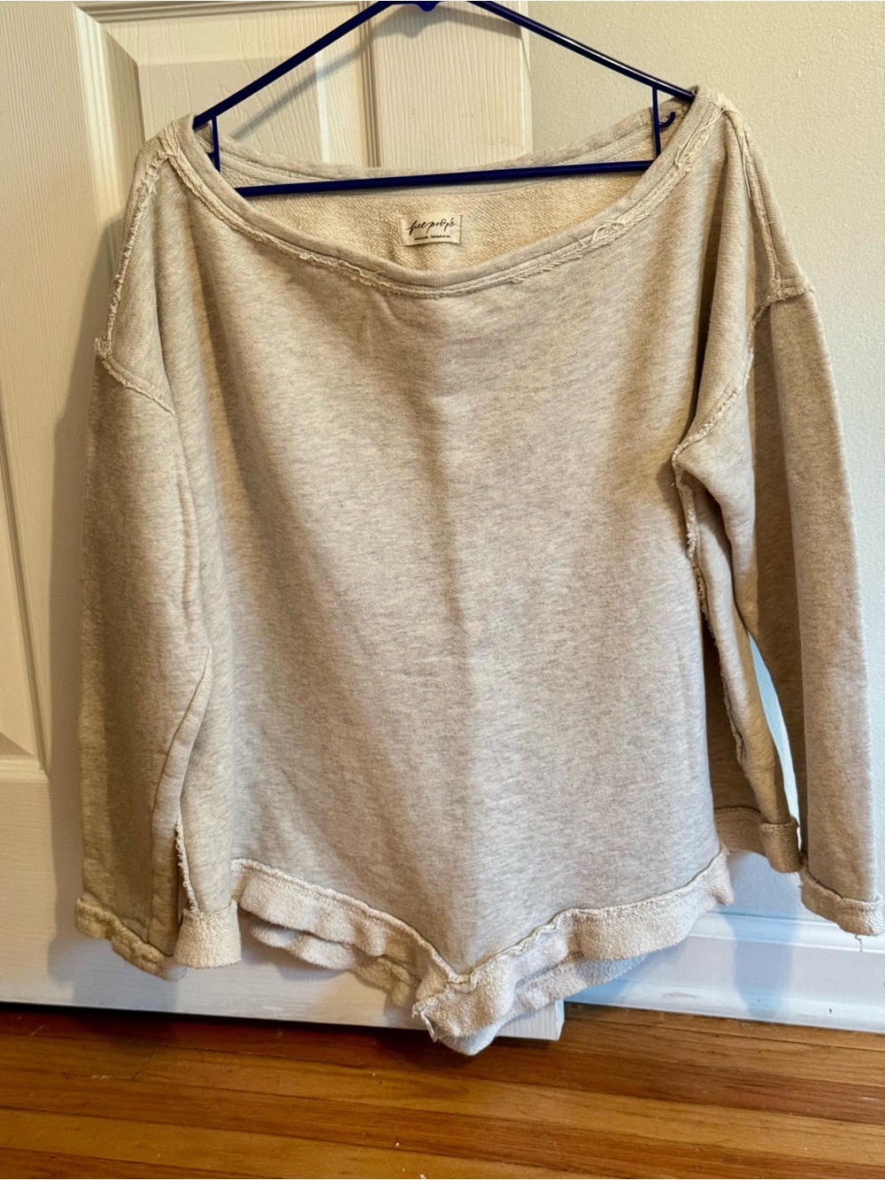 Free People Lightweight Off-Shoulder Sweatshirt in Grey/Cream